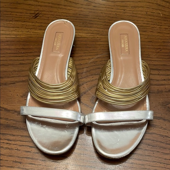 Aquazzura Metallic Gold/Silver Leather Rendez Vous Flat Slides, size 41 - Picture 2 of 13